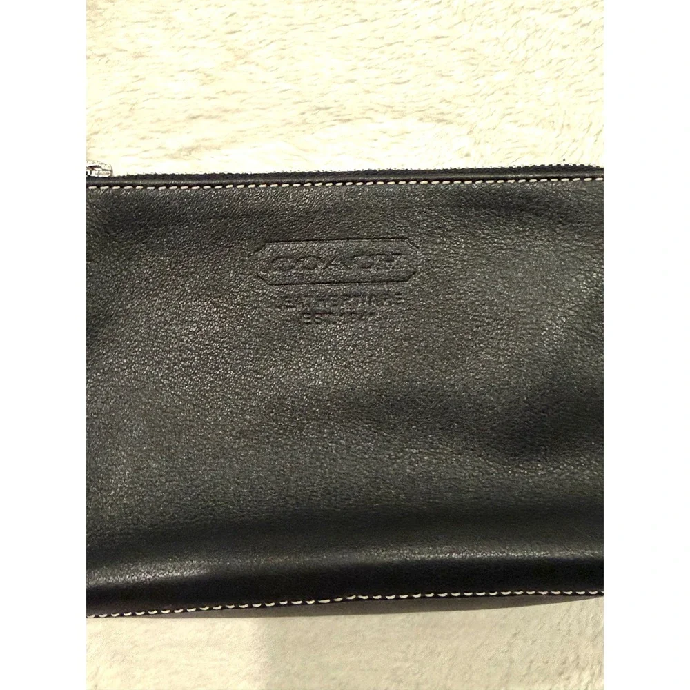 Vintage Coach Black Leather Wristlet Tassel Pouch Bag with White Stitching